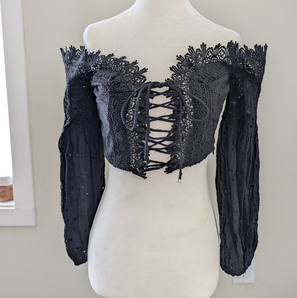 Pink Owl Black Embellished Puff Sleeve Cotton Blouse